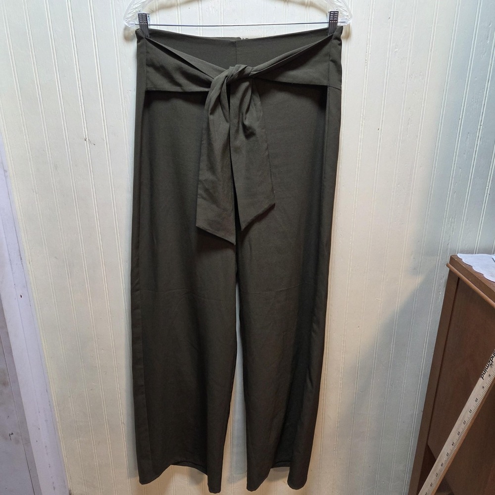 Gypsies & Moondust Dress Pants Womens Large Green Belted Wide Leg Crepe Stretch